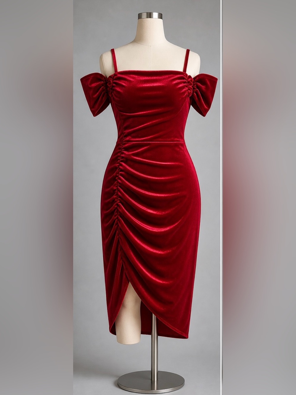 SHEIN Red Velvet Off-Shoulder Ruched Midi Dress